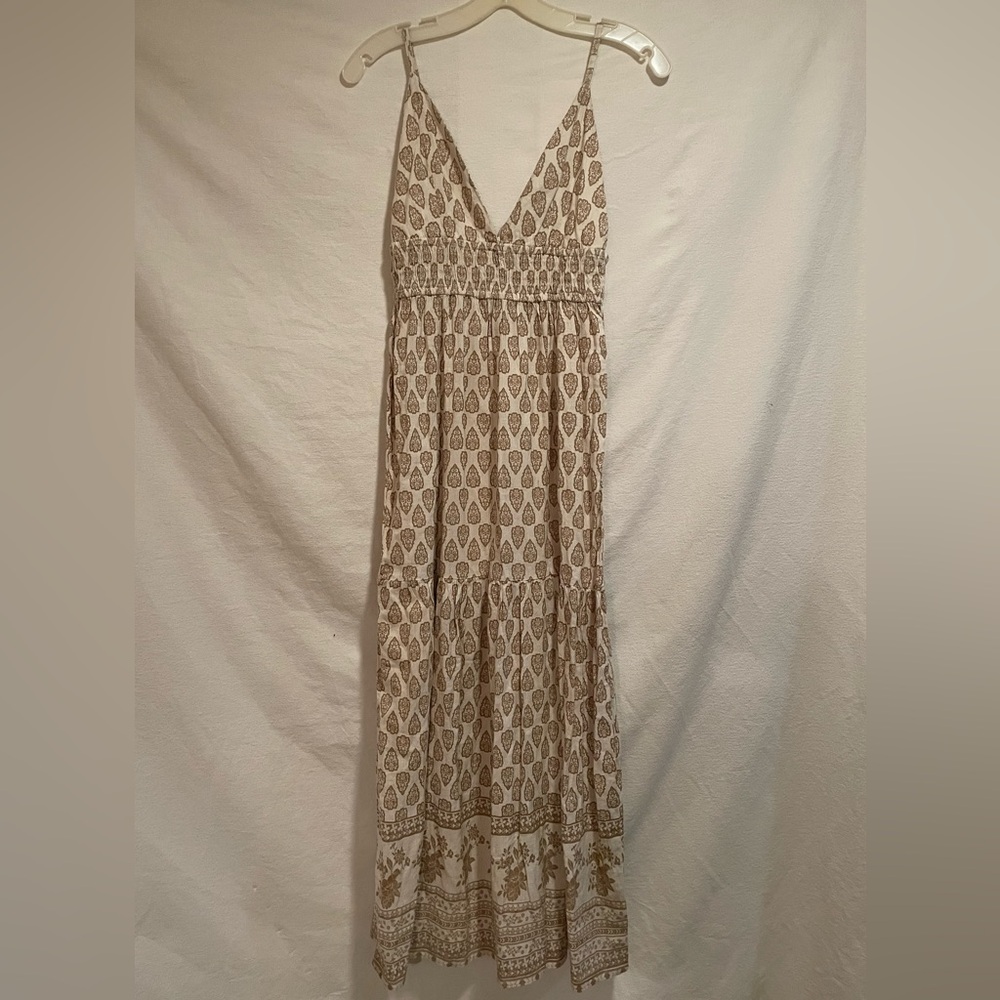 Sim & Sam Linen Blend Cream and Brown Smocked V-Neck Maxi Dress